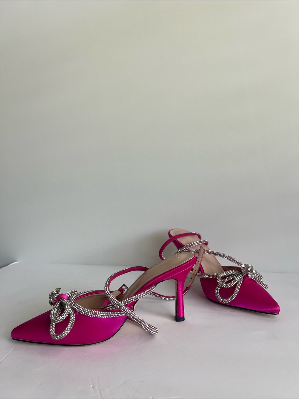 Fuchsia Satin Rhinestone Bow Pointed Toe Slingback Heels Size 7.5